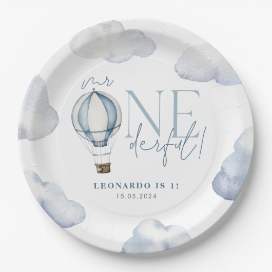 Herr ONEderful Hot Air Ballon Boy 1st Birthday Blu Pappteller (Vorderseite)