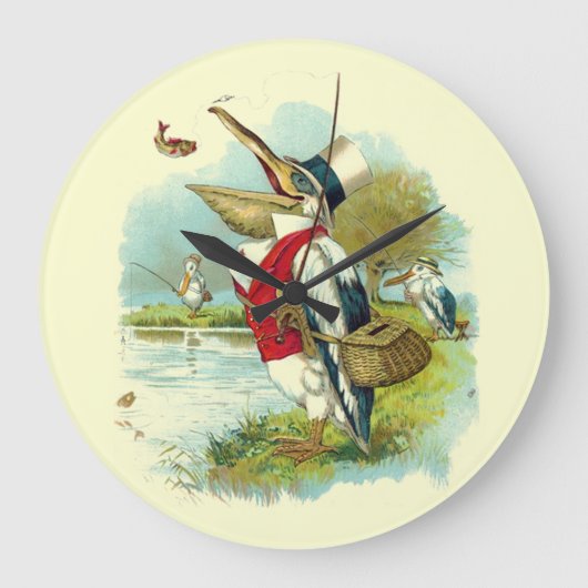 HERR PELICAN FISHING, Cream Große Wanduhr (Vorderseite)