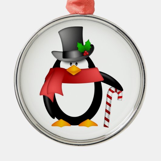 Herr-Pinguin mit Zylinder-Zuckerstange-Verzierung Silbernes Ornament (Vorne)