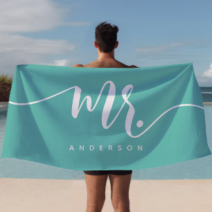 Herr Teal und Weißer Neuvermählter Bräutigam Perso Strandtuch