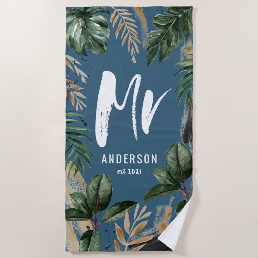 Herr Tropical leaf & typografie blau modern Strandtuch (Vorderseite)