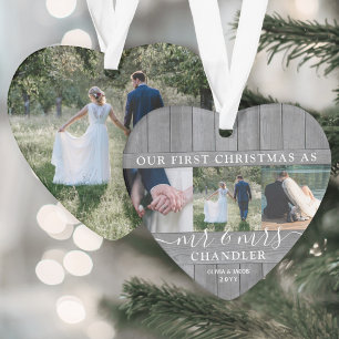 Herr und Frau 4 Foto Erstes Weihnachten Grau Faux Ornament