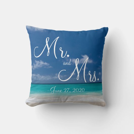 Herr und Frau Blue Beach Wedding Pillows Kissen (Vorderseite)