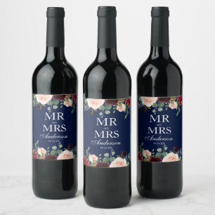 Herr und Frau Blue Burgundy Floral Wedding Weinetikett