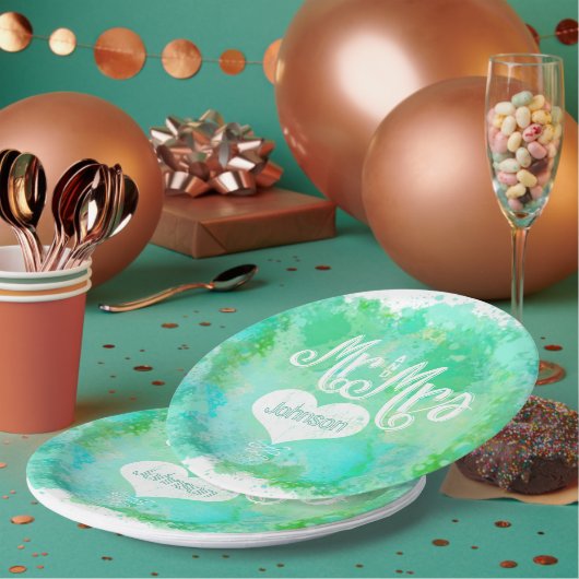 Herr und Frau Blue Green Watercolor Style Pappteller (Multi)