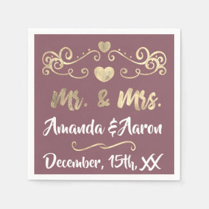Herr und Frau Blush Mauve White Hearts Name Golden Serviette