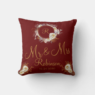 Herr und Frau Burgunder Gold Blumen Monogramm Logo Kissen