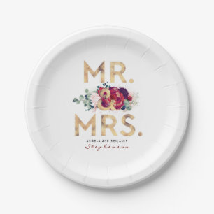 Herr und Frau Burgundy Red and Gold Floral Typogra Pappteller