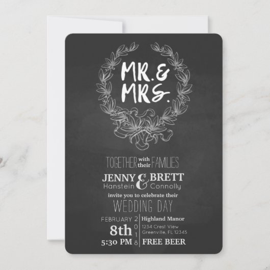 Herr und Frau Chalkboard Free Beer Wedding Einladung (Vorderseite)