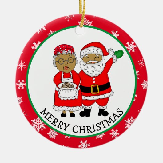 Herr und Frau Claus, afroamerikanischer Weihnachts Keramik Ornament (Vorne)