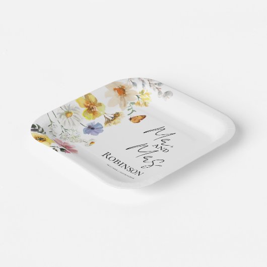 Herr und Frau | Farbenfrohe Wildblume Boho Wedding Pappteller (Gewinkelt)
