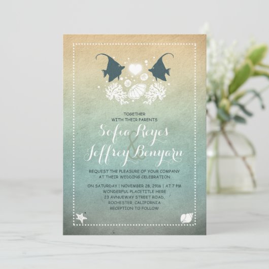 Herr und Frau Fish Beach Einladung zur Hochzeit (Stehend Vorderseite)