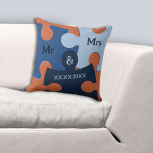 Herr und Frau Hochzeitsdatum Blaue und Orange Puzz Kissen