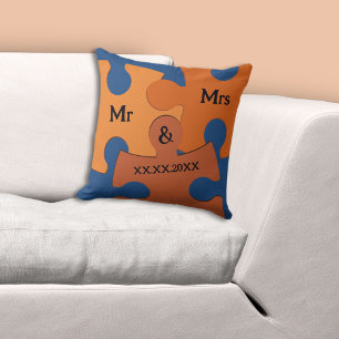 Herr und Frau Hochzeitsdatum Orange und Blaue Puzz Kissen