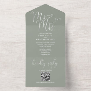 Herr und Frau Modern QR Code Salbeigrüne Hochzeit All In One Einladung