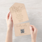 Herr und Frau Modern QR Code Soft Peach Wedding All In One Einladung (Abreißen)