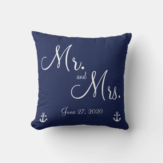 Herr und Frau Navy Blue Nautical Wedding Pillows Kissen (Vorderseite)