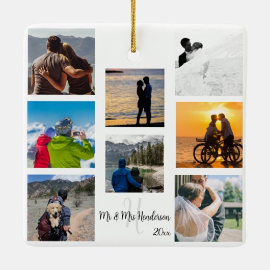 Herr und Frau Newlywed Custom 8 Foto Grid Keramikornament (Rückseite)