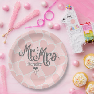 Herr und Frau Pink Heart Muster Schiefertafel Stil Pappteller