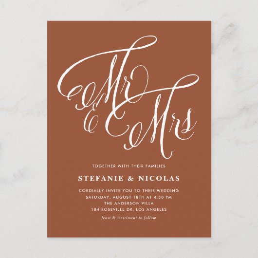 Herr und Frau Rustic Calligraphy Terracotta Weddin Einladungspostkarte (Vorderseite)