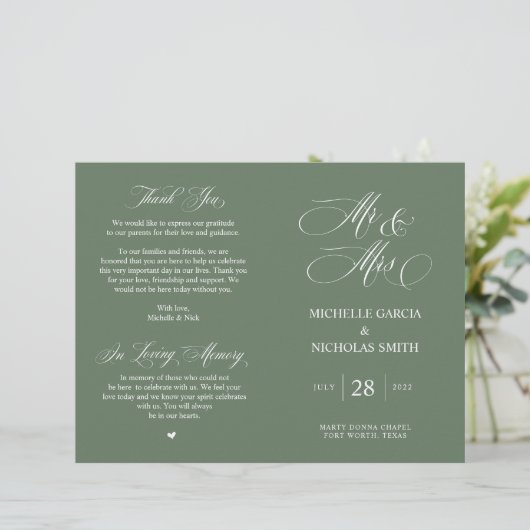 Herr und Frau, Sage Green, Foldable Wedding Progra (Stehend Vorderseite)