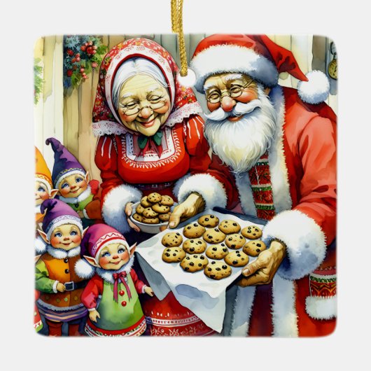 Herr und Frau Santa Claus, Cookie und Elfen Weihna Keramikornament (Vorderseite)