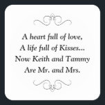 Herr und Frau Square Sticker<br><div class="desc">Dieser charmante Mr. und Mrs. quadratische Aufkleber enthält ein Lieblingsgedicht,  das mit den Namen der Braut und des Bräutigams personalisiert ist. Dies wäre ein perfekter Aufkleber,  um ein Gefälligkeitskasten mit Hershey Kisses zu betonen.
Matching Produkte verfügbar.</div>