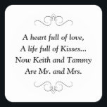 Herr und Frau Square Sticker<br><div class="desc">Dieser charmante Mr. und Mrs. quadratische Aufkleber enthält ein Lieblingsgedicht, das mit den Namen der Braut und des Bräutigams personalisiert ist. Dies wäre ein perfekter Aufkleber, um ein Gefälligkeitskasten mit Hershey Kisses zu betonen.
Matching Produkte verfügbar.</div>