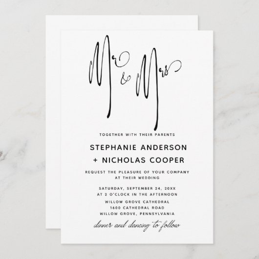 Herr und Frau Typografie Script Natural Handwritin Einladung (Vorne/Hinten)