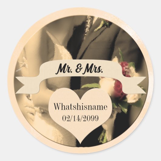 Herr und Frau Wedding mit Name und Datum in Sepia Runder Aufkleber (Vorderseite)