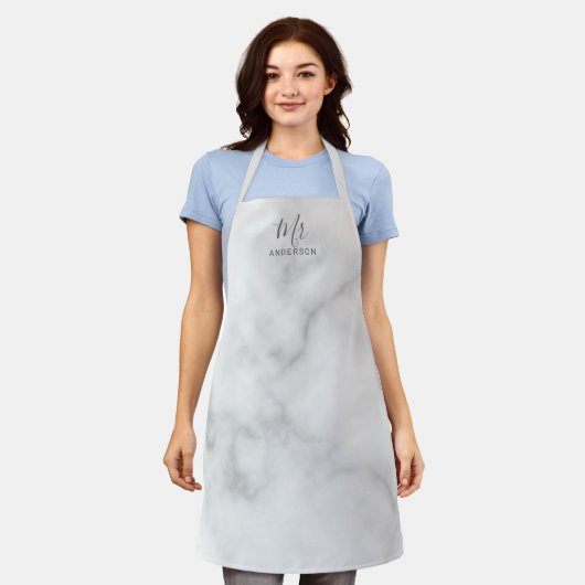 Herr und Frau | White Marble Modernes Skript Schürze (Getragen)