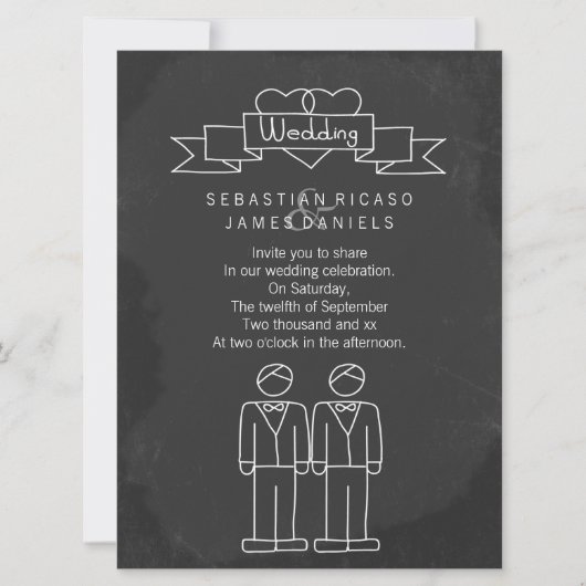 Herr und Herr Doodle Chalkboard Gay Wedding Einladung (Vorderseite)