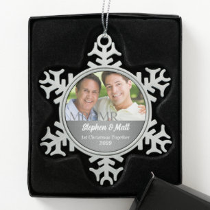 HERR UND HERR Silver Damask 1. Weihnachtsfest Foto Schneeflocken Zinn-Ornament