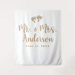 HERR und MRS. Gold Script Typografie Moderne Minim Wandteppich