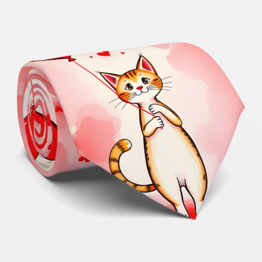 Herren Designer Krawatten Katze Rote Herzen (Gerollt)