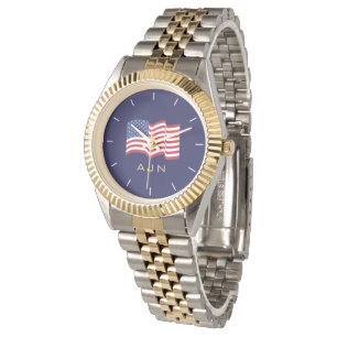 Herren Gold Monogramm Amerikanische Flagge Uhr