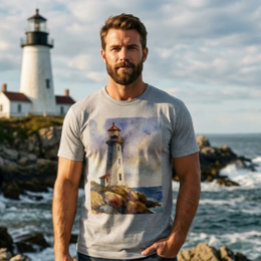 Herren-Wasserfarben-Leuchtturm-Nautik-Geschenk T-Shirt