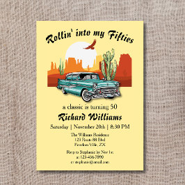 Herrenrétro Classic Blue Car Wüste 50. Geburtstag Einladung