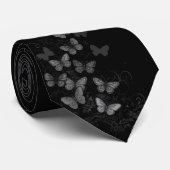 Herrenschwarze Krawatte mit silbernem Schmetterlin (Gerollt)