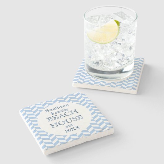 Herringbone Blue White Beach House Steinuntersetzer (Seitenansicht)