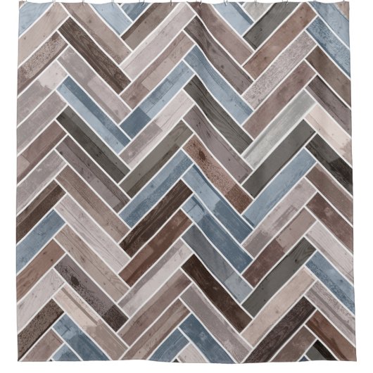 Herringbone-Muster in Blue Brown Grau Duschvorhang (Vorderseite)