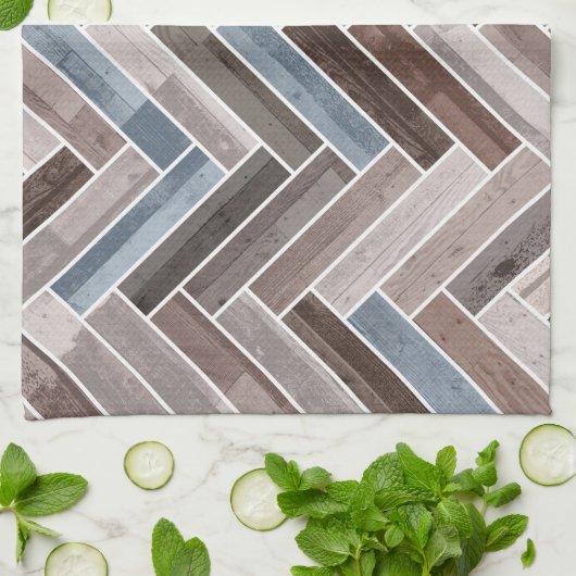 Herringbone-Muster in Blue Brown Grau Geschirrtuch (Gefaltet)