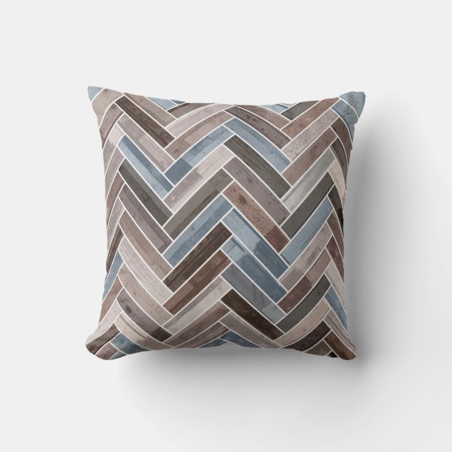 Herringbone-Muster in Blue Brown Grau Kissen (Vorderseite)