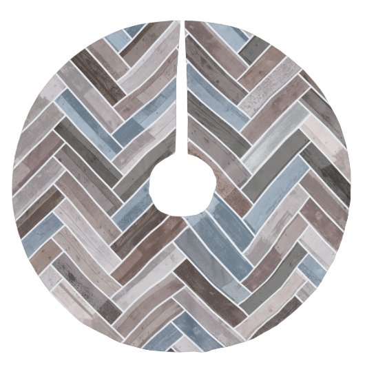 Herringbone-Muster in Blue Brown Grau Polyester Weihnachtsbaumdecke (Vorderseite)