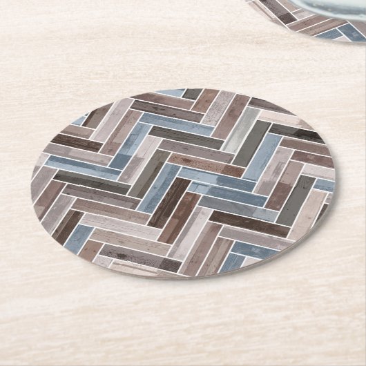 Herringbone-Muster in Blue Brown Grau Runder Pappuntersetzer (Angewinkelt)
