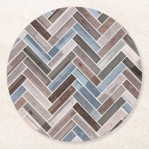 Herringbone-Muster in Blue Brown Grau Runder Pappuntersetzer