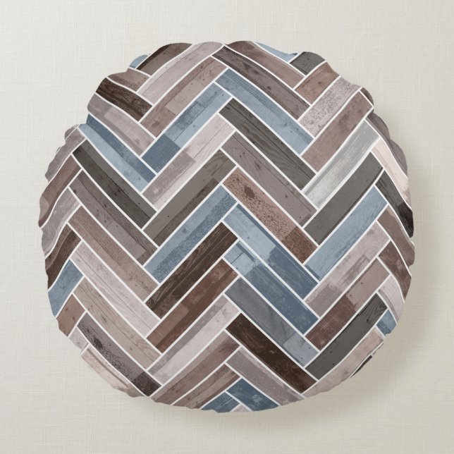 Herringbone-Muster in Blue Brown Grau Rundes Kissen (Vorderseite)