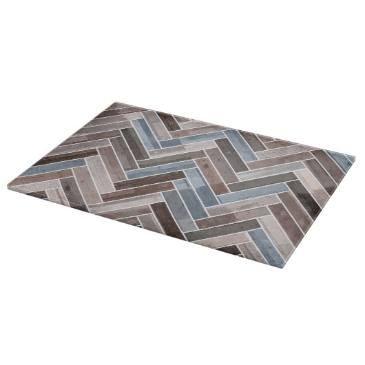 Herringbone-Muster in Blue Brown Grau Schneidebrett (Ecke)