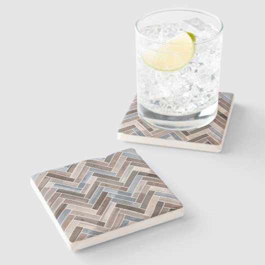 Herringbone-Muster in Blue Brown Grau Steinuntersetzer (Seitenansicht)