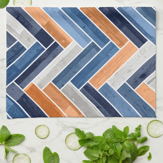 Herringbone-Muster in Navy Blue und Orange Geschirrtuch (Gefaltet)